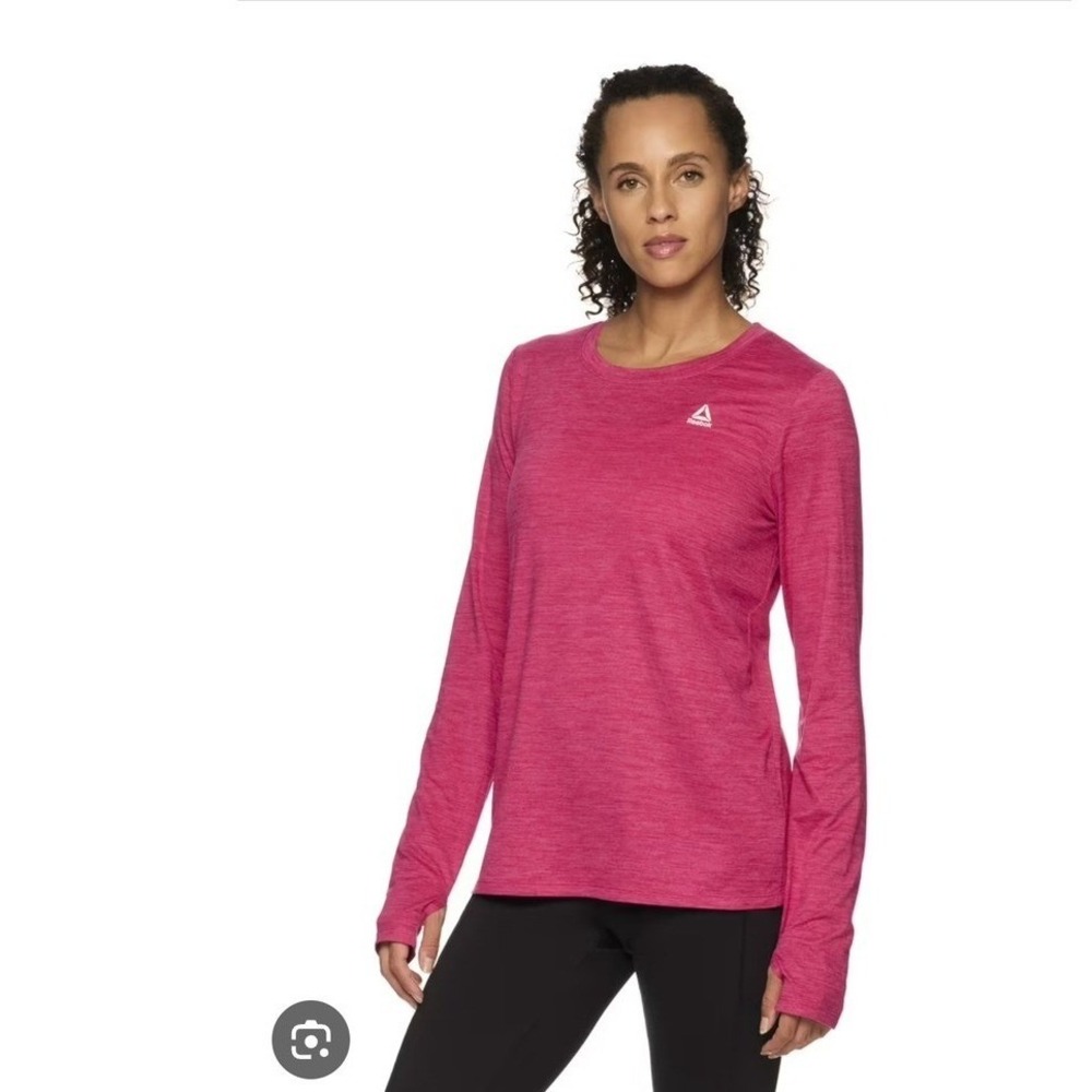 Reebok Womens Performance Long Sleeve Workout Top Pink Space Dye V-Neck Thumbhol